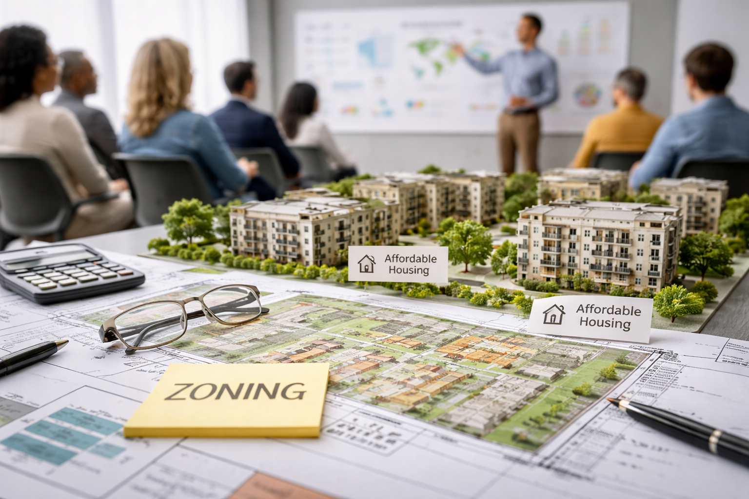 A realistic scene of a Charleston city planning meeting discussing zoning and affordable housing development. The image shows architectural plans and zoning maps spread across a table alongside documents labeled housing proposals, symbolizing the city’s ongoing debate over zoning changes aimed at expanding affordable housing options while balancing growth and historic preservation in Charleston, South Carolina.
