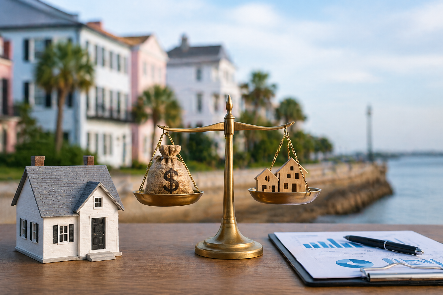 Dramatic Charleston waterfront skyline with storm clouds, broken house structures, chained homes, and rising price graph symbolizing housing crisis and affordability challenges