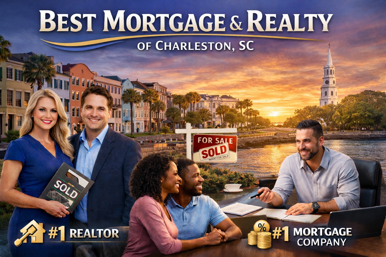 Aerial view of historic downtown Charleston, South Carolina featuring waterfront homes, church steeples, and Charleston Harbor at sunset, showcasing the city’s luxury real estate and coastal lifestyle.