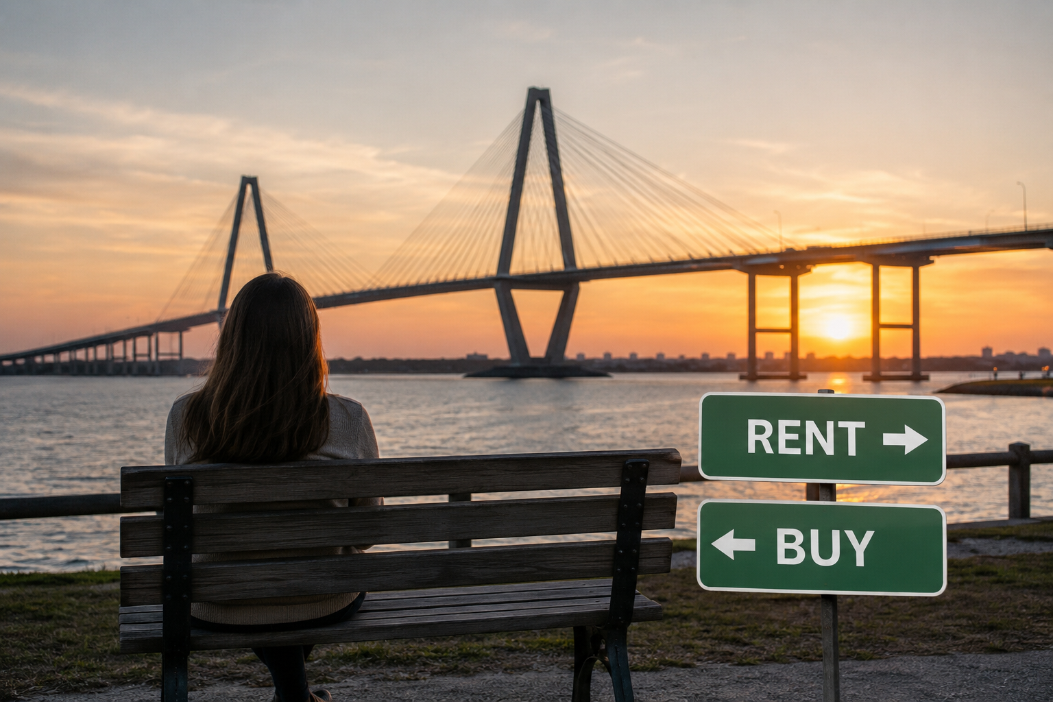 Person sitting on a bench overlooking Charleston Harbor at sunset with signs pointing toward renting and buying near the Ravenel Bridge.