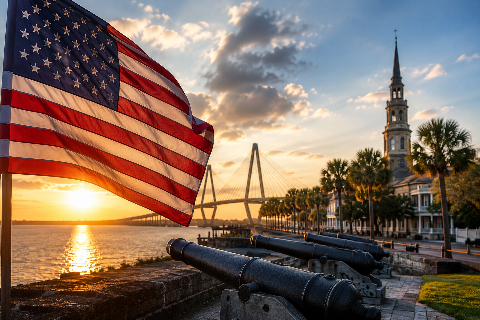 American flag flying over Charleston Harbor at sunset with historic cannons, church steeples, palm trees, and the Ravenel Bridge representing Charleston’s role in America’s founding history.