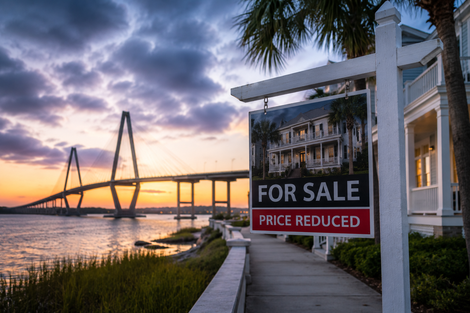 Charleston waterfront home for sale with a price reduced sign at sunset near the Ravenel Bridge, symbolizing shifting market conditions and growing buyer caution in the Lowcountry housing market.