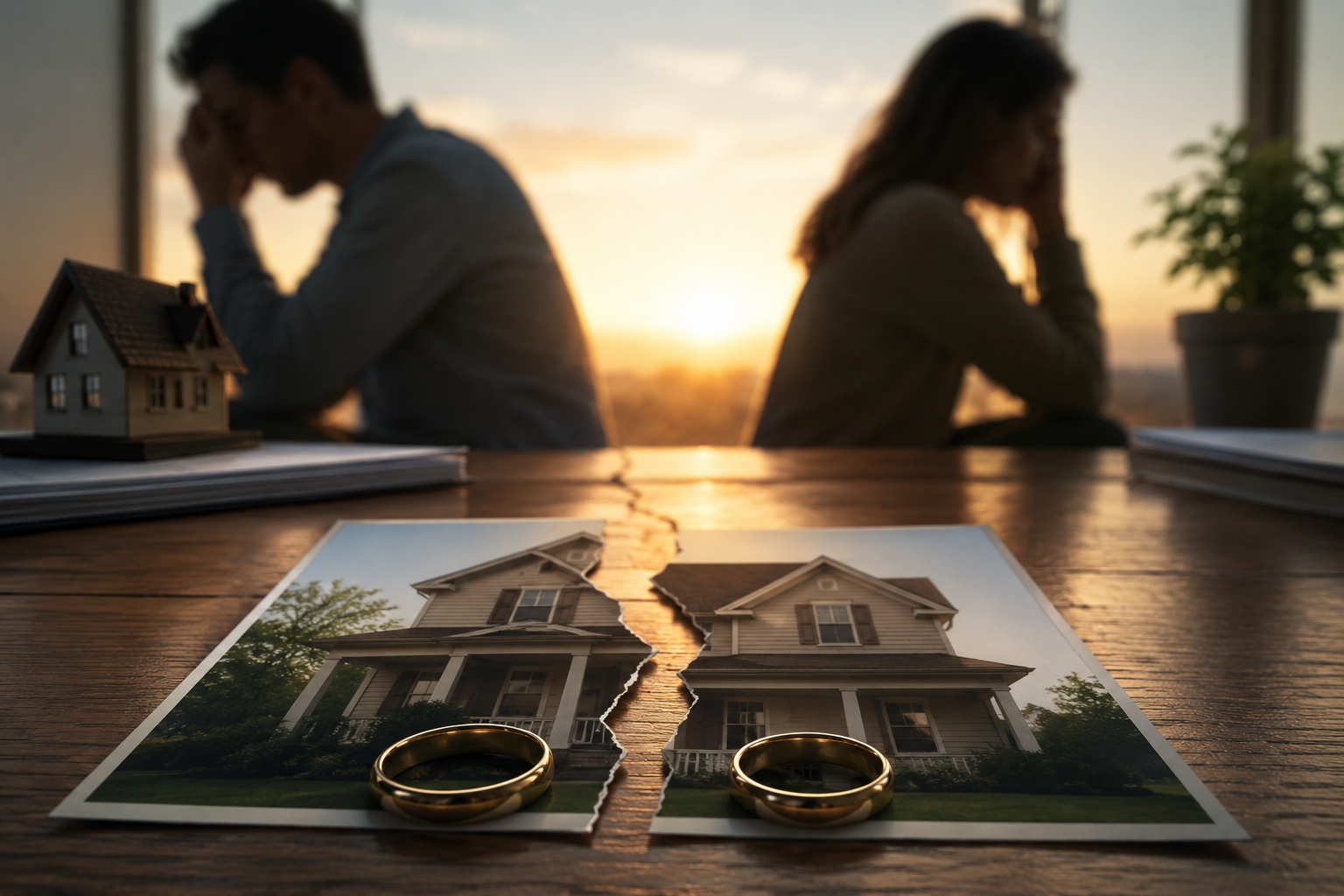 Emotionally distressed divorced couple sitting back-to-back with a torn photo of a family home and wedding rings on a table at sunset.