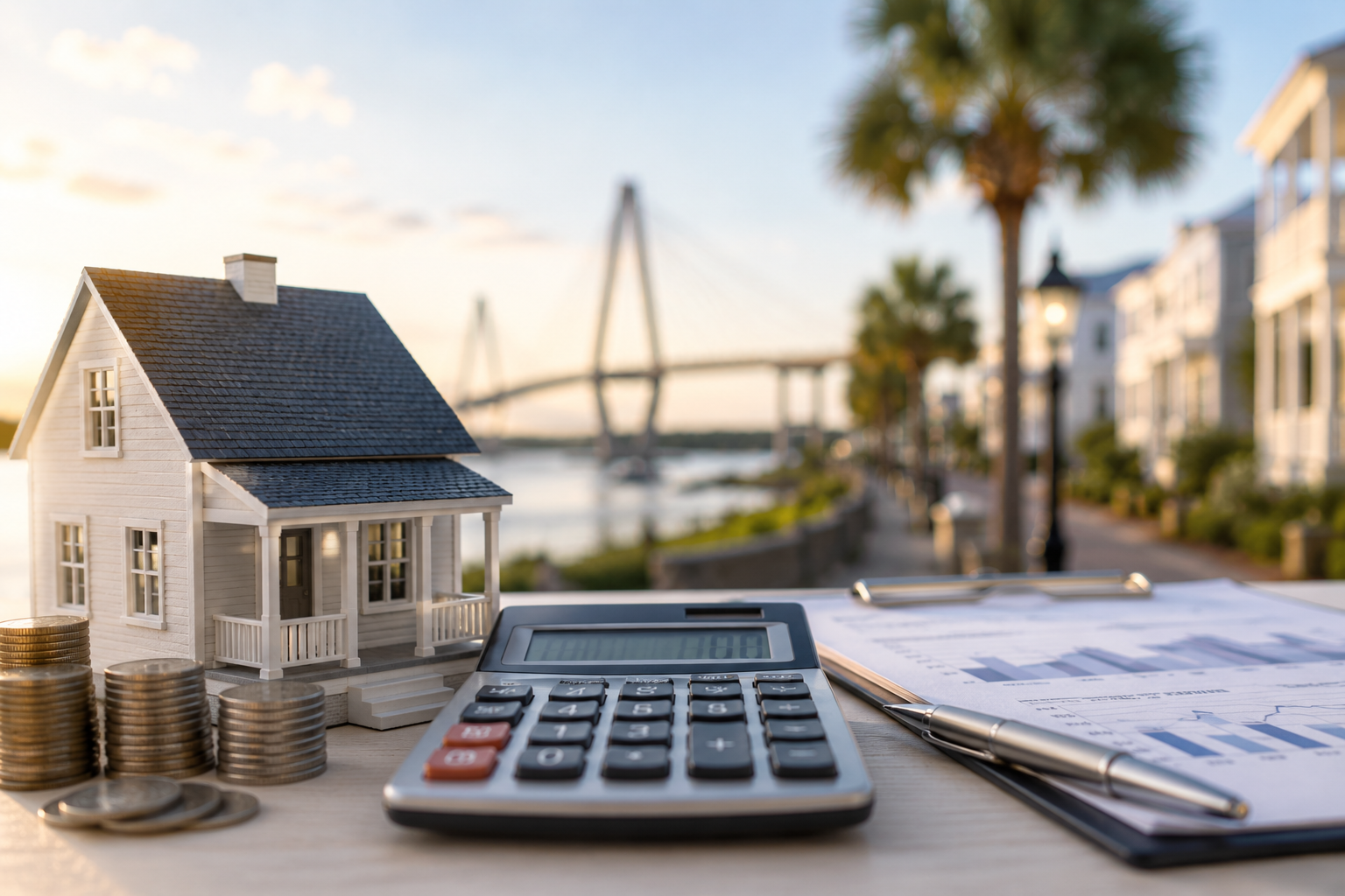 Miniature house beside a calculator, coins, and financial paperwork overlooking Charleston Harbor with the Ravenel Bridge in the background, symbolizing mortgage refinancing and housing affordability in the Lowcountry.