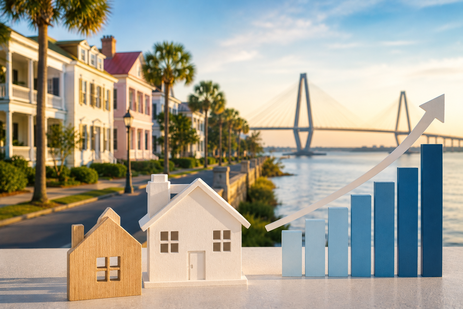 Charleston waterfront homes with the Ravenel Bridge in the background alongside rising housing inventory and market growth graphics symbolizing improving buyer opportunities in the Lowcountry housing market.