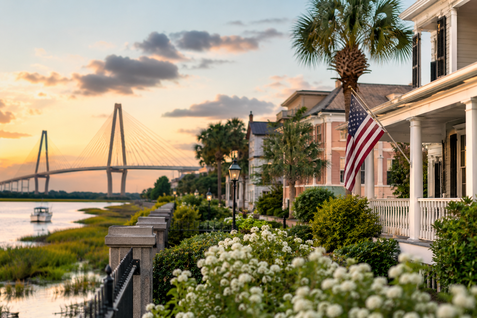 Charleston waterfront homes at sunset with palm trees, marsh views, and the Ravenel Bridge in the distance symbolizing the resilience and lifestyle appeal of the Lowcountry housing market.