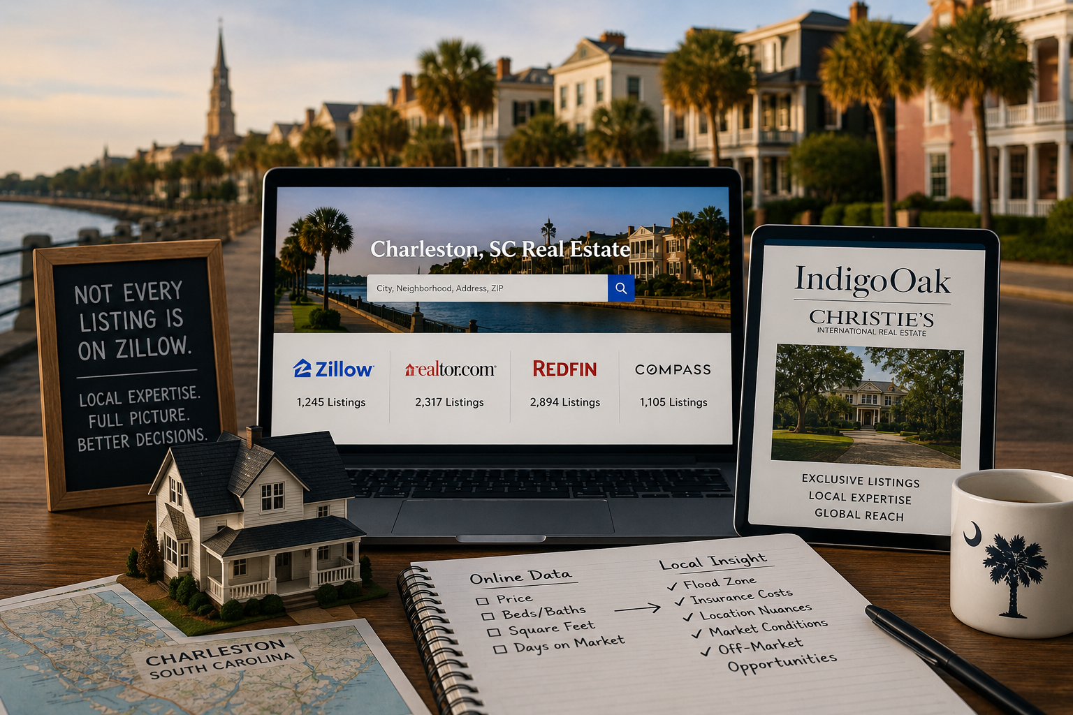 Charleston real estate search scene featuring online listing platforms, waterfront homes, and local market analysis tools symbolizing the complexity of navigating Charleston housing inventory beyond Zillow alone.