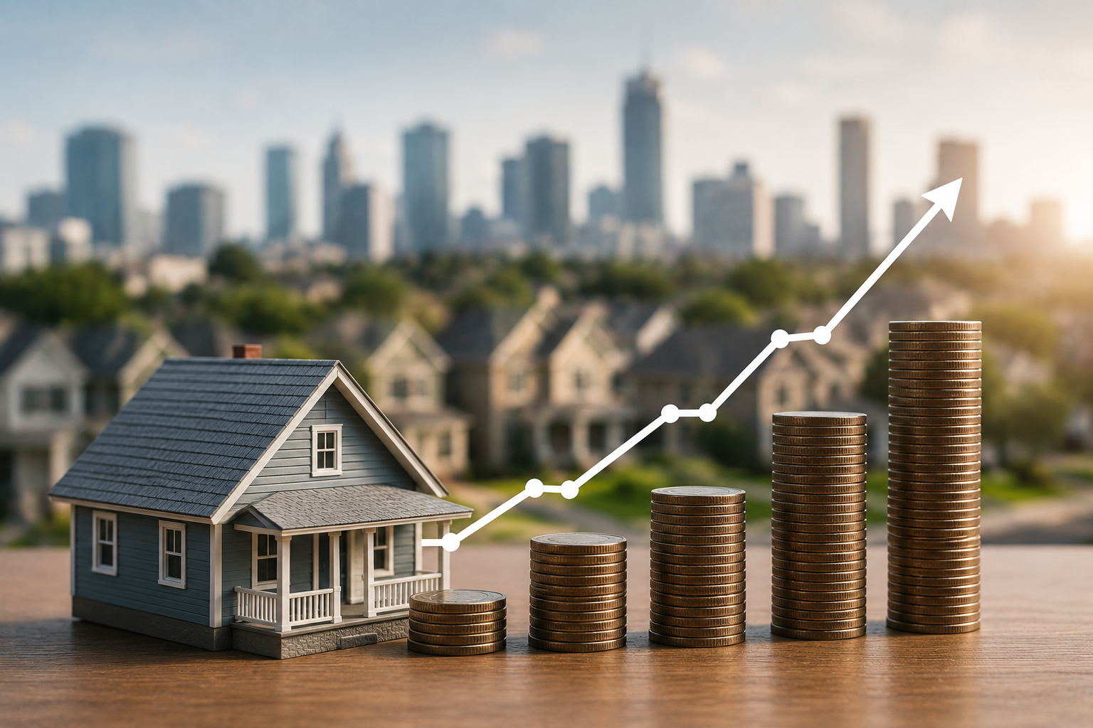 Illustration showing a home beside rising stacks of coins, symbolizing increasing home prices and the growing income required to afford housing in America.