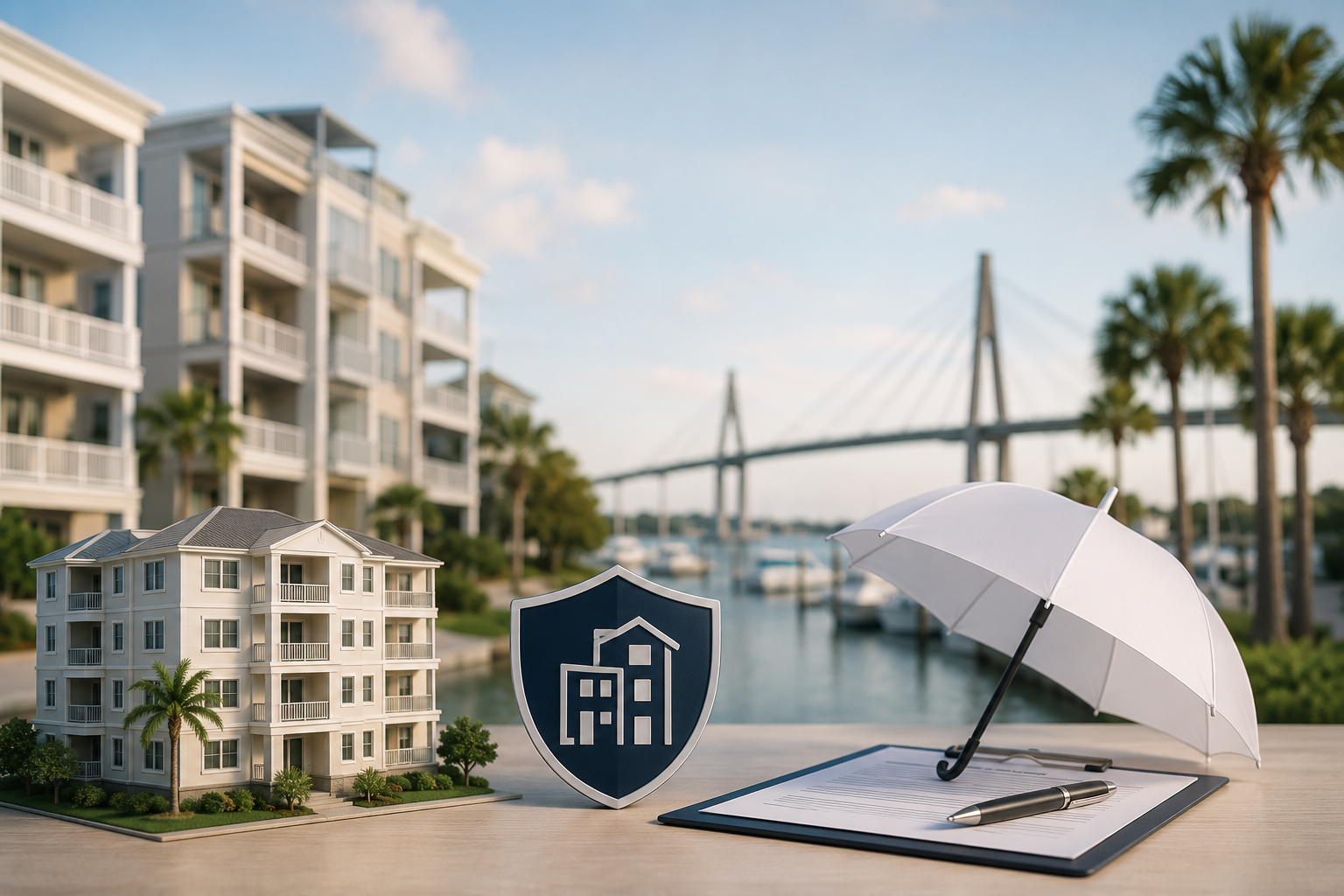 Illustration of a coastal condominium building with insurance symbols, including a protective shield and umbrella, set against a Charleston waterfront marina and the Ravenel Bridge.