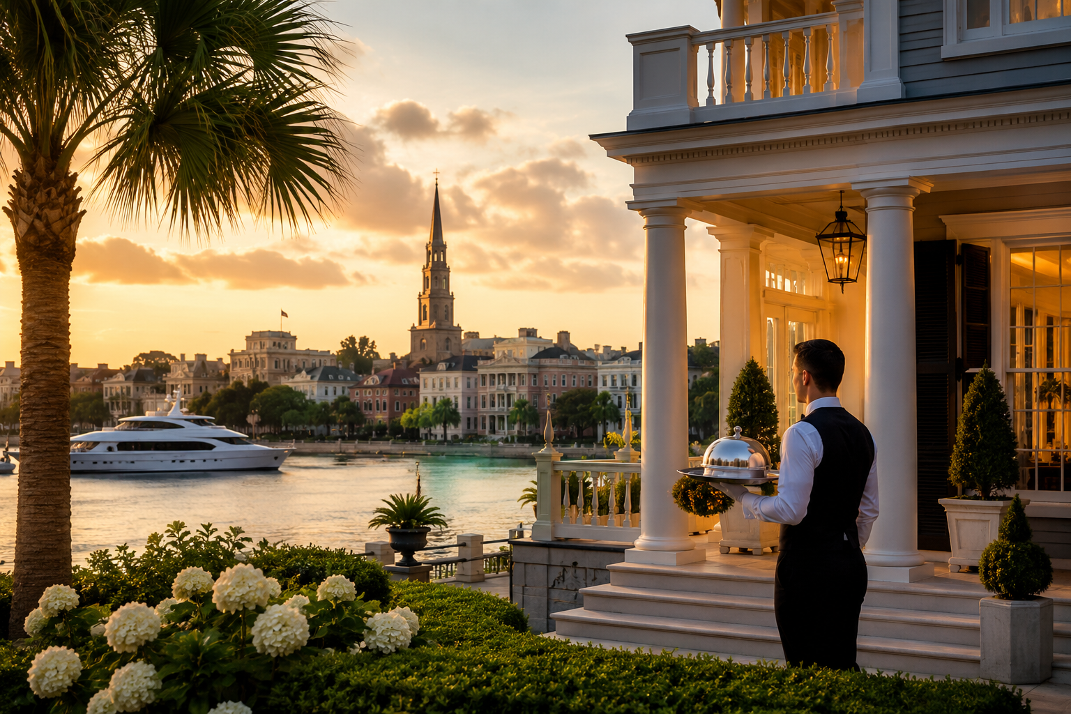Luxury waterfront estate overlooking Charleston Harbor at sunset with a private butler service scene, yacht traffic, and historic Charleston skyline in the background.