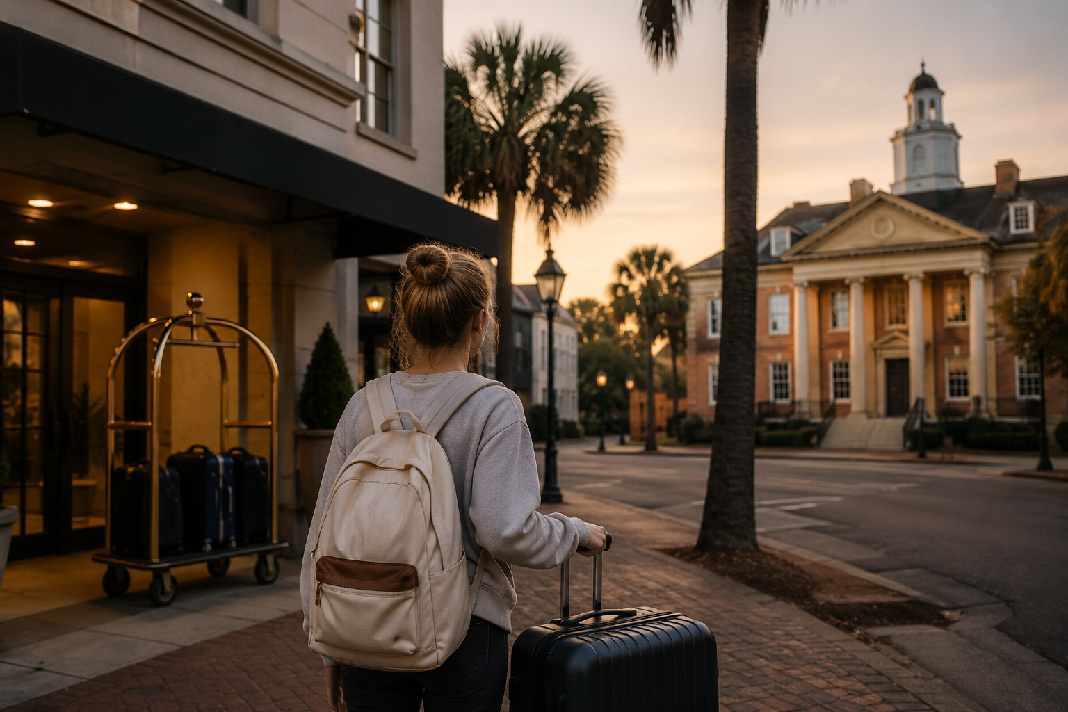 College student with luggage outside a Charleston hotel, illustrating the College of Charleston's student housing shortage and the broader challenges of growth in the Holy City.