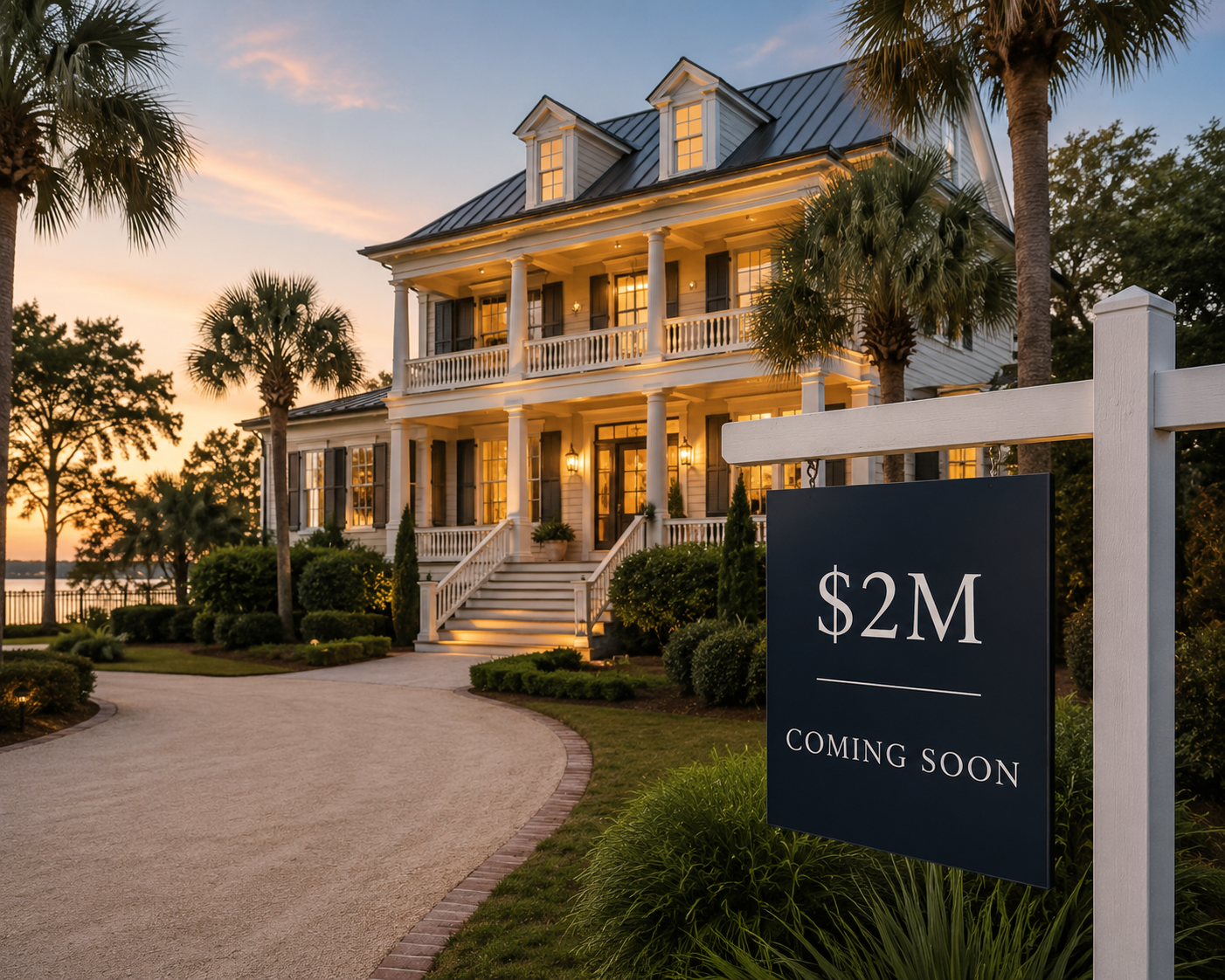 Luxury Lowcountry home with a "Coming Soon" sign showcasing a new multimillion-dollar listing in the Charleston area.