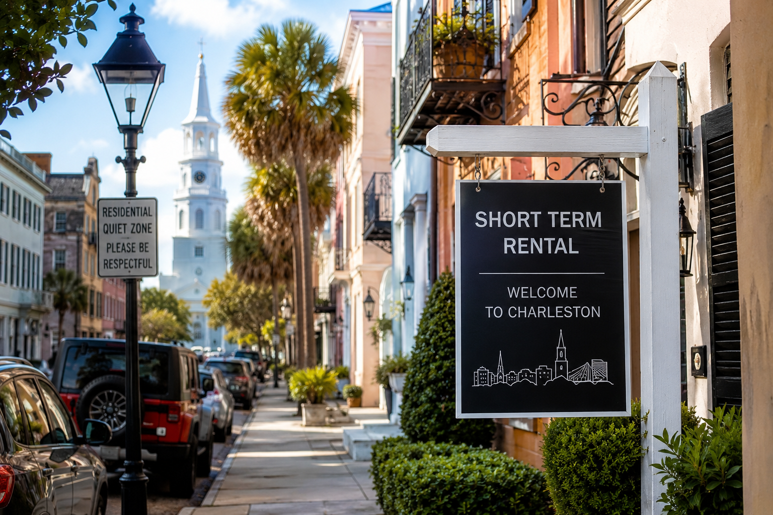 A historic Charleston residential street lined with colorful homes, palm trees, and wrought-iron balconies, featuring a licensed short-term rental property that illustrates the ongoing discussion over balancing tourism, neighborhood character, and property rights.