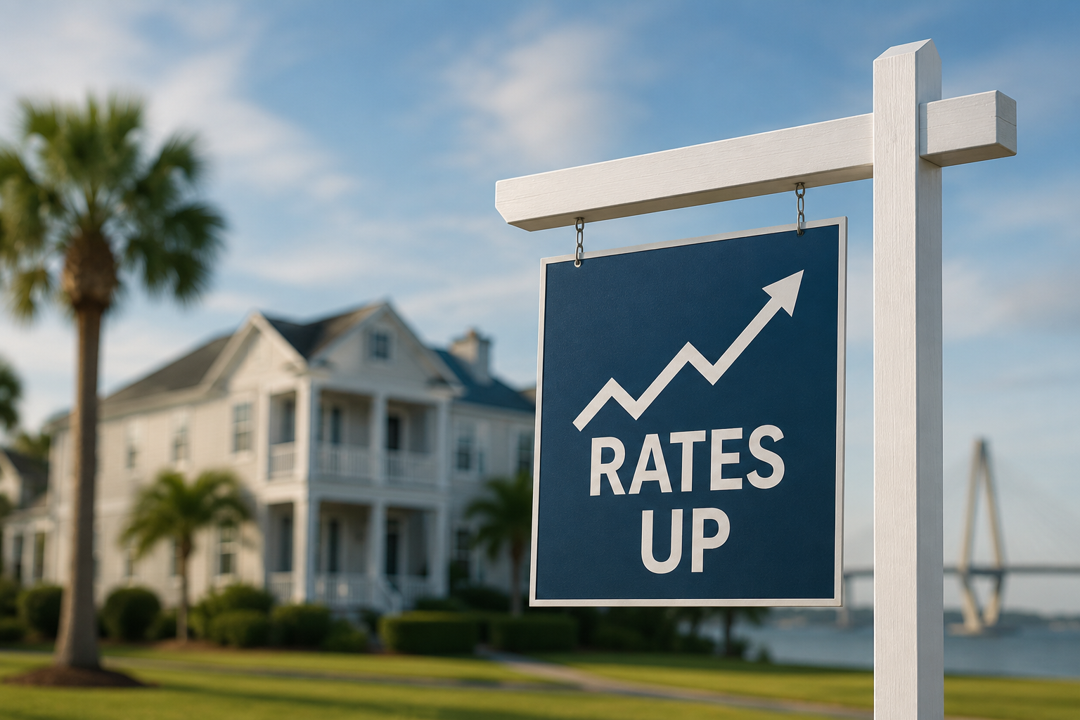 A real estate yard sign displaying the words "Rates Up" with an upward arrow stands in front of a blurred luxury coastal home and palm trees, illustrating rising mortgage rates affecting today's housing market.