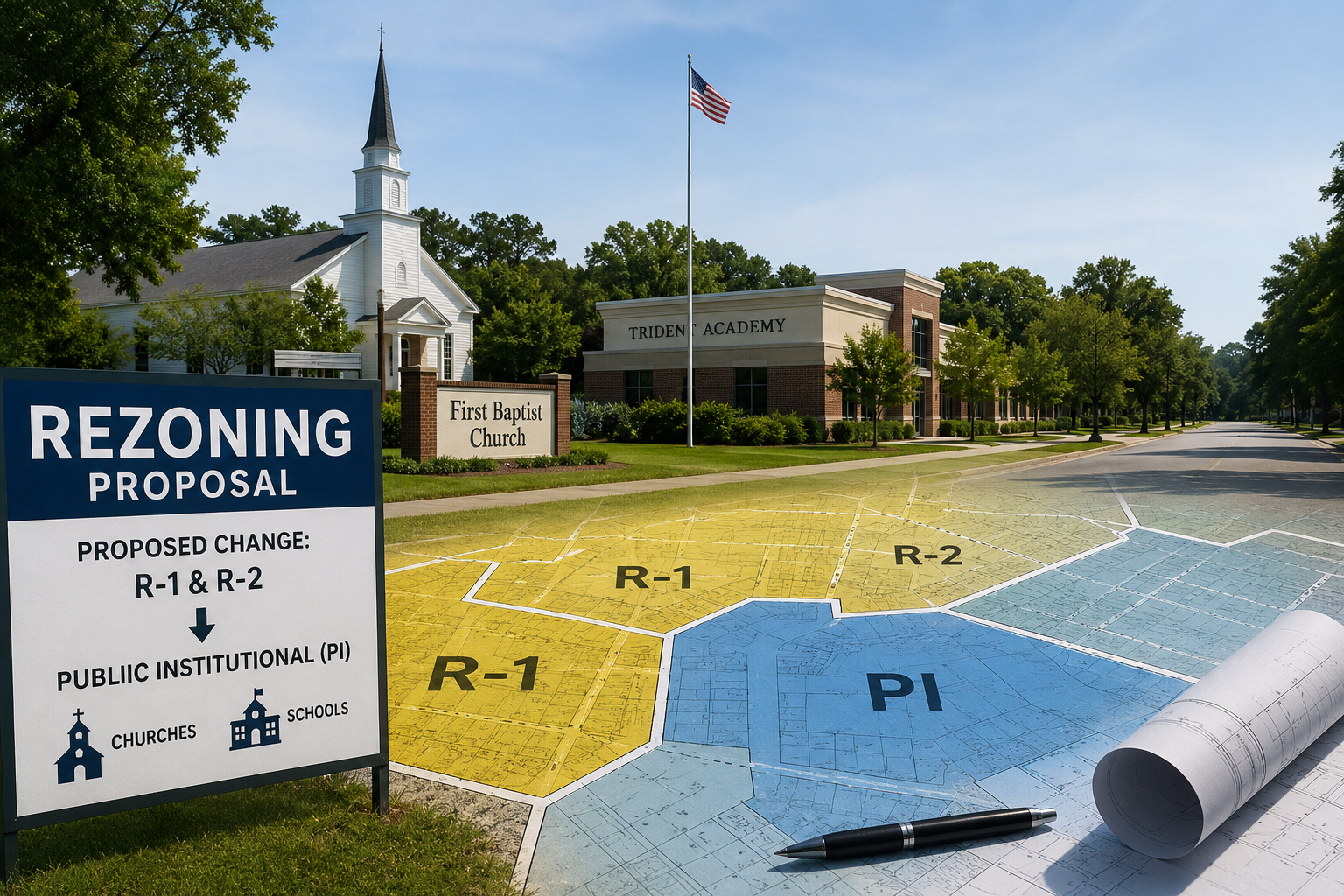 Conceptual illustration of a Mount Pleasant rezoning proposal showing a church, private school, zoning map, and planning documents, representing the debate over changing institutional properties to a Public Institutional zoning designation.