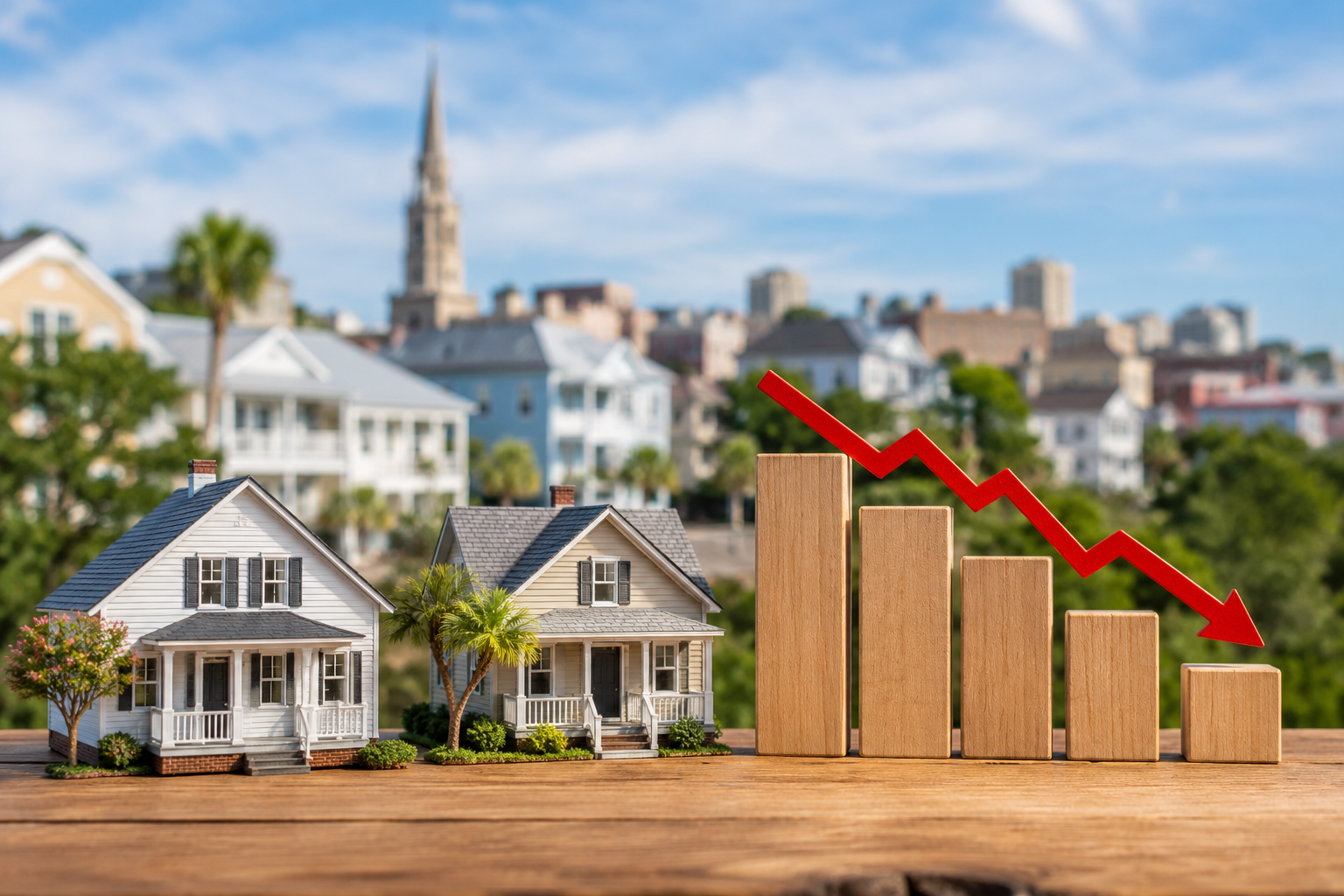 Miniature homes in front of a blurred Charleston skyline with a downward market trend graphic, illustrating changing home prices and increased affordability in the Charleston real estate market.