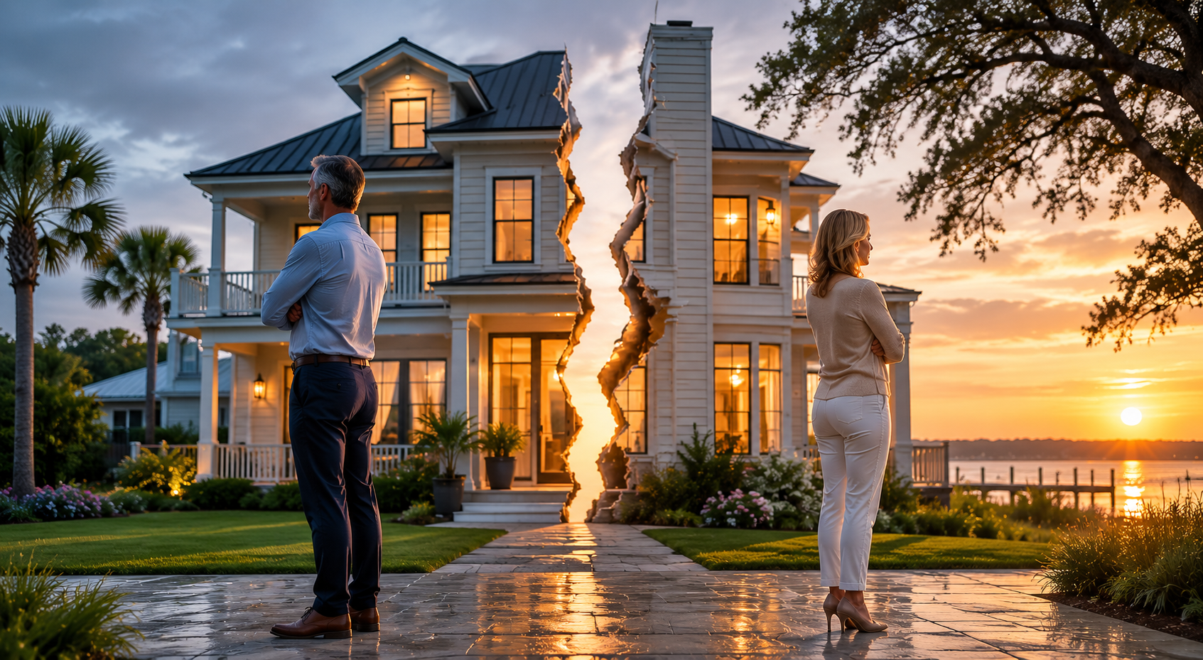 Couple standing apart on opposite sides of a luxury home split down the middle, symbolizing the challenges of selling a home during divorce.