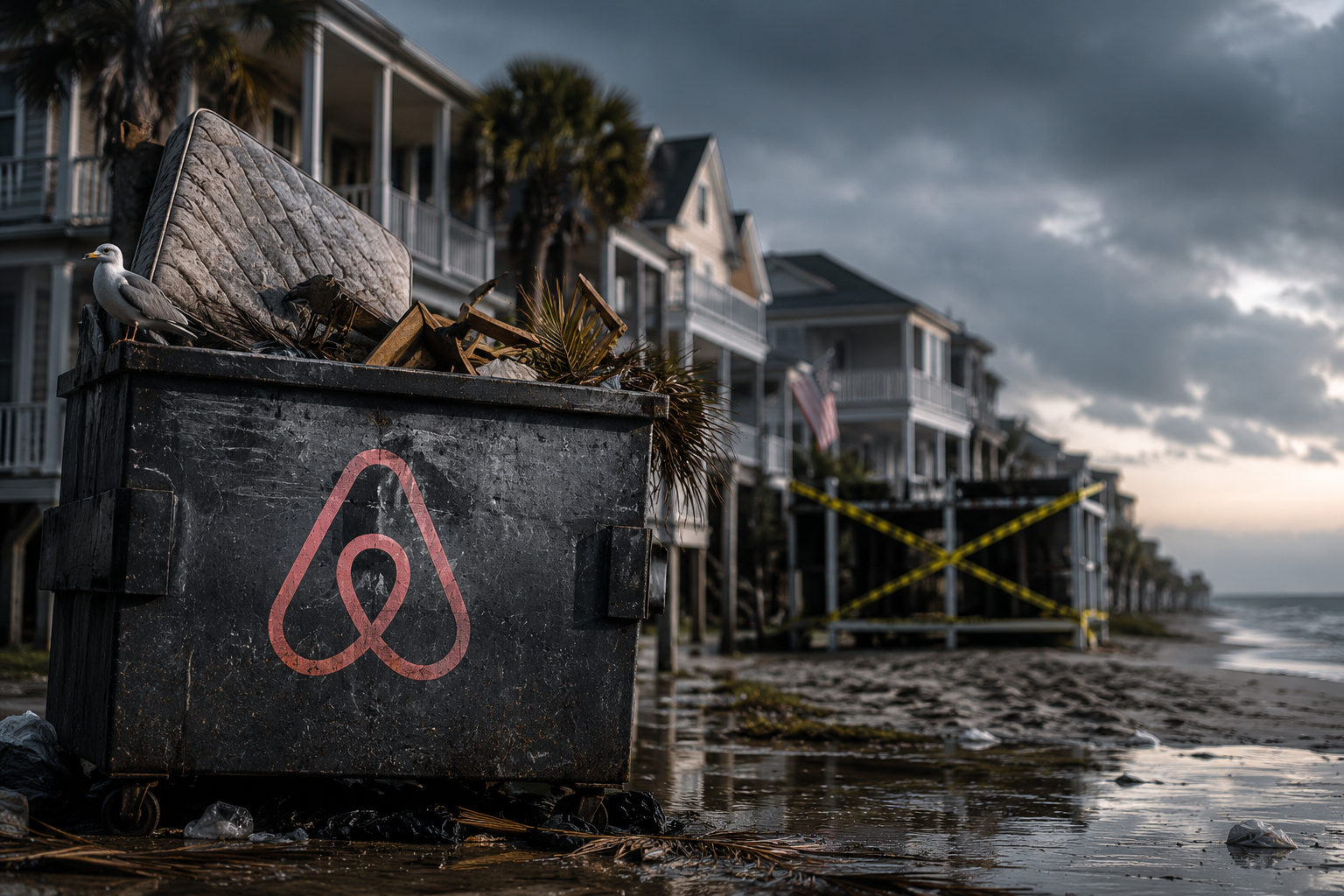 A dramatic illustration of a beachfront neighborhood with an overflowing dumpster bearing a faded Airbnb logo in the foreground, while coastal homes line the street under dark storm clouds, symbolizing the controversy surrounding short-term rentals and their impact on beach communities.