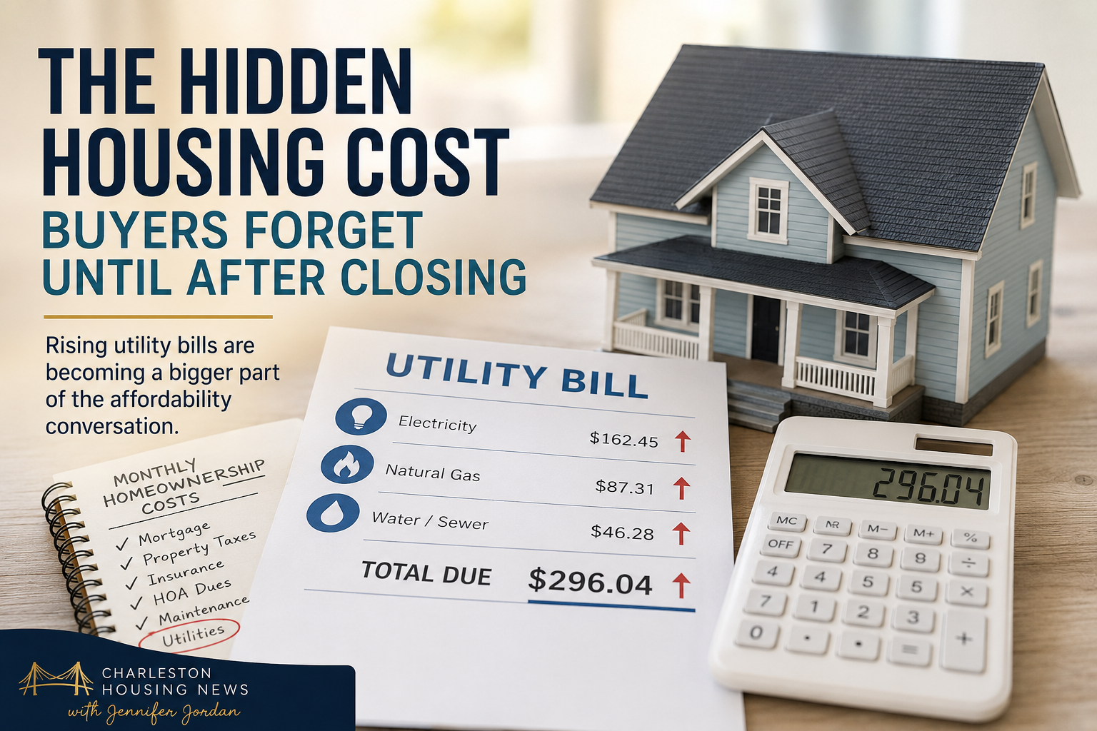 Illustration of a house model beside a utility bill and calculator, emphasizing how rising electricity, natural gas and other monthly utility expenses are becoming an increasingly important factor in the true cost of homeownership.
