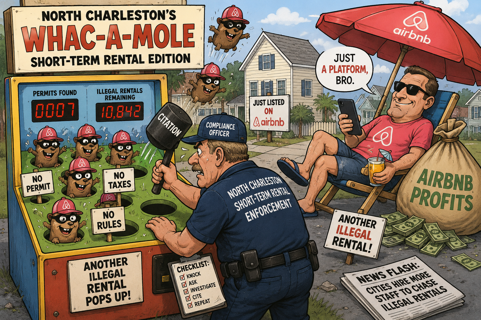 Editorial cartoon showing a North Charleston compliance officer playing a Whac-A-Mole arcade game against illegal short-term rental listings while a relaxed Airbnb executive lounges nearby collecting profits, satirizing the burden of local enforcement.