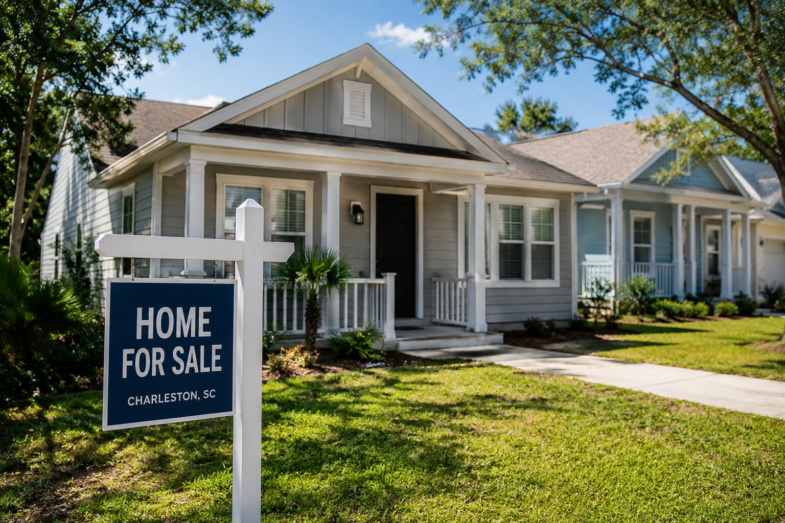 A charming single-story home with a "Home For Sale" sign in the front yard represents the growing challenge of finding an affordable starter home in the Charleston, South Carolina housing market.